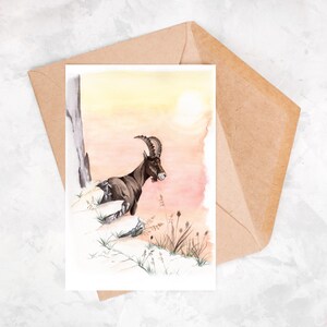 Carte postale aquarelle, Affiche A6, Bouquetin aquarelle, carte postale intemporelle