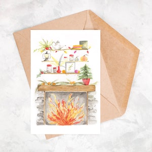Postal acuarela, tarjeta de felicitación, chimenea acuarela, postal atemporal