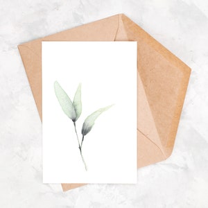 Postal acuarela, tarjeta de felicitación, hoja de acuarela, postal atemporal suave y delicada