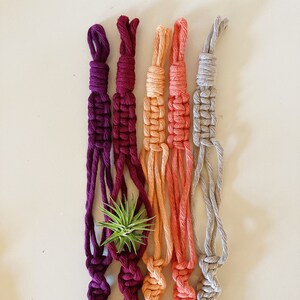 May include: Five macrame plant hangers in different colors. The hangers are made of cotton cord and have a knotted design. The hangers are hanging from a white surface.