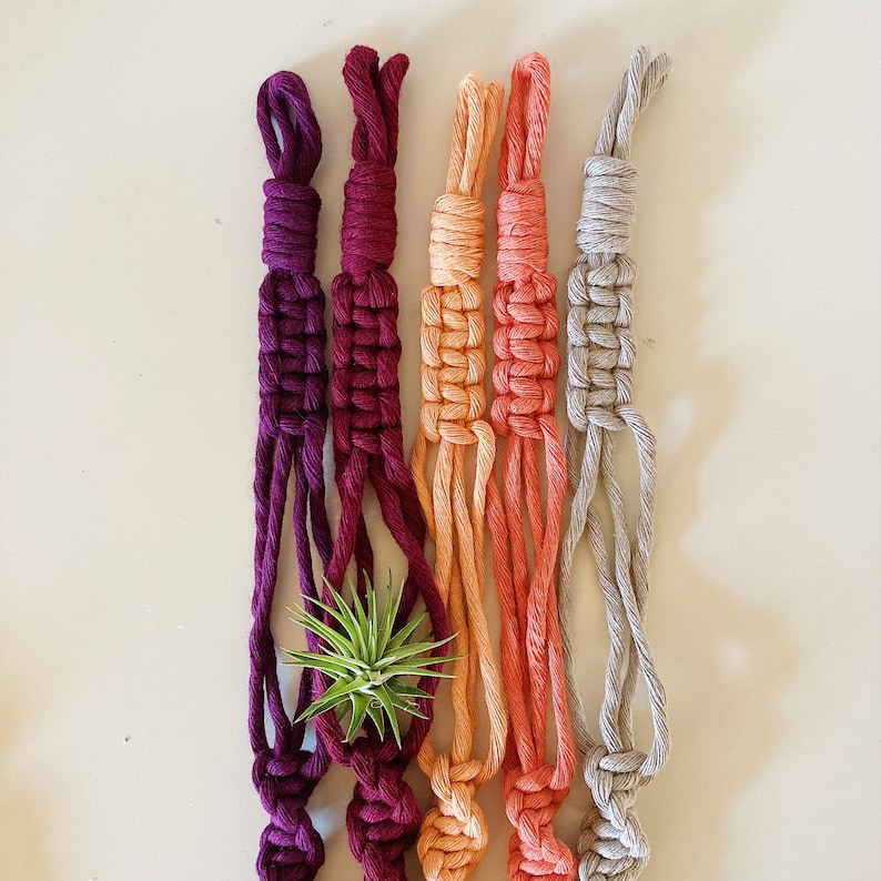 May include: Five macrame plant hangers in different colors. The hangers are made of cotton cord and have a knotted design. The hangers are hanging from a white surface.