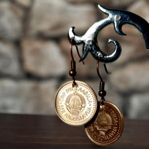 Yugoslavian Coin Charm Earrings, Yugoslavian Coin Dangle Earrings, Yugoslavian Coin Art Earrings,Real Yugoslavian Coin Earrings,Coin Earring