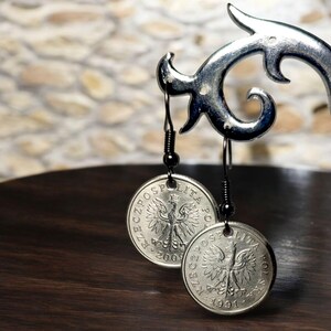 Polish Coin Fashion Earrings, Polish Travel Coin Earrings, Polish Coin Earrings Unique, Polish Coin Gift Earrings, Polish Coin Hoop Earrings