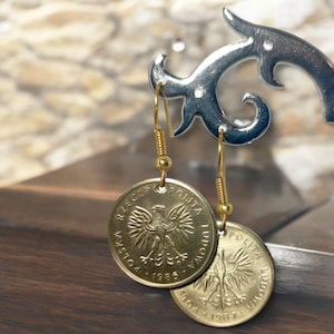Polish Travel Coin Earrings, Polish Coin Earrings Woman, Polish Coin Art Earrings, Polish Coin Earrings Vintage,Vintage Polish Coin Earrings