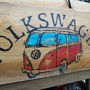 Bright Shiny Red Vw Van Split Window Bus Volkswagen Sign Hand Painted Reclaimed Old Vintage Cedar Wood