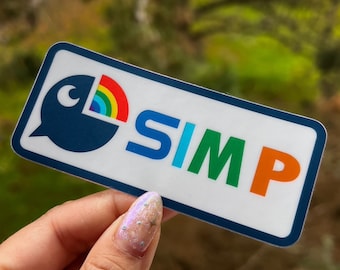 May include: A white sticker with a blue border and a rainbow-colored logo. The logo is a crescent moon with a rainbow arc. The text "SIMP" is written in large, colorful letters below the logo.