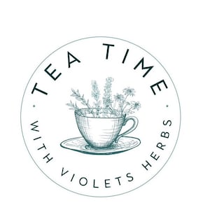 May include: A circular logo with the words "TEA TIME" at the top and "WITH VIOLETS HERBS" at the bottom. A teacup filled with herbs is in the center. The logo is in a teal color and is suitable for a tea shop or herbal products.