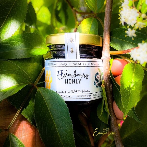 Elderberry Honey | Sun-infused | Herbal Honey with Handpicked Local Berries