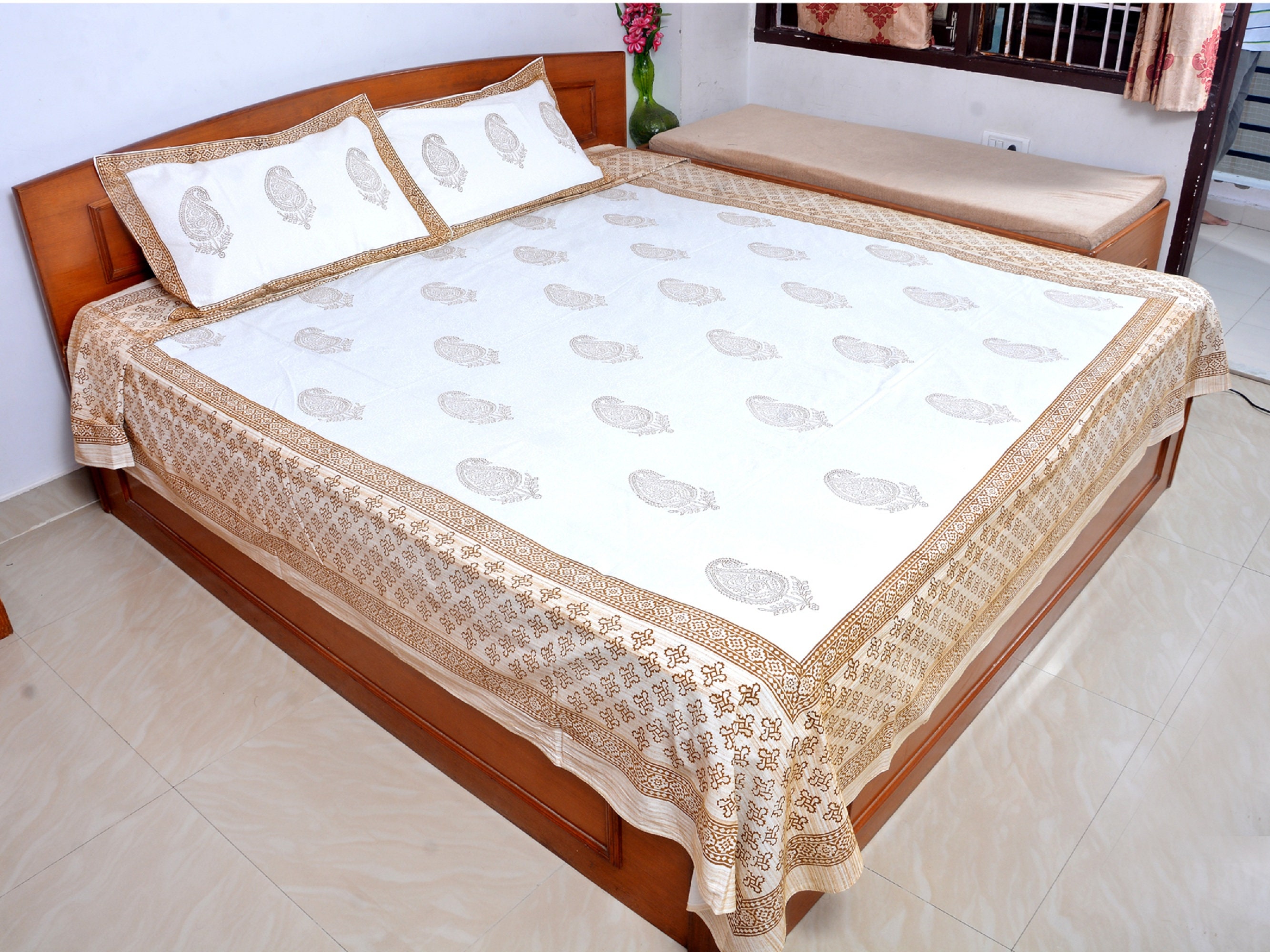 Luxury Cotton Block Print Bed Sheet with Pillow Cover Floral Etsy