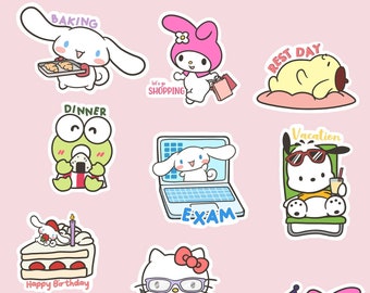May include: A set of nine colorful stickers featuring cartoon characters and phrases like "Baking", "Dinner", "Rest Day", "Vacation", "Happy Birthday", "Drawing", "Study", "Exam", and "Night Out".