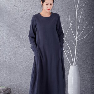 New Design Soft Cotton Dress with Pockets Long Sleeves Caftan Casual Loose Midi Dresses for Spring Fall Customized Plus Size Clothing Linen
