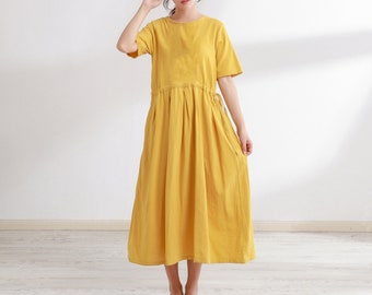 New Design Soft Cotton Dress with Pockets Long Sleeves Caftan Casual Loose Midi Dresses for Spring Fall Customized Plus Size Clothing Linen
