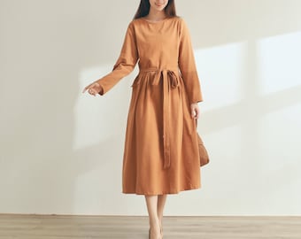 New Design Soft Cotton Dress with Pockets Long Sleeves Caftan Casual Loose Midi Dresses for Spring Fall Customized Plus Size Clothing Linen