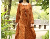 Women Long Soft Cotton Linen Dress Thick Jacquard Long Sleeves Casaul Loose Maxi Dresses for Spring Fall Customized Plus Size Clothing
