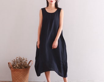 Clearance  Cotton Dress Sundress Sleeveless Caftan Casual Loose Summer Midi Dresses Plus Size Clothing Linen