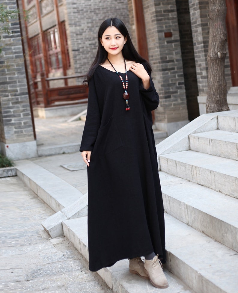 Long Soft Cotton Dress with Pockets Long Sleeves Casaul Loose Maxi Dresses for Spring Fall Customized Plus Size Clothing Linen