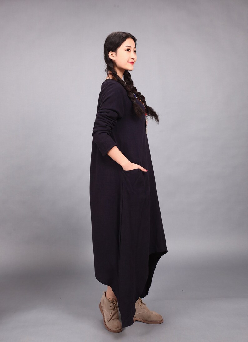 Long Soft Cotton Dress with Pockets Long Sleeves Casaul Loose Maxi Dresses for Spring Fall Customized Plus Size Clothing Linen
