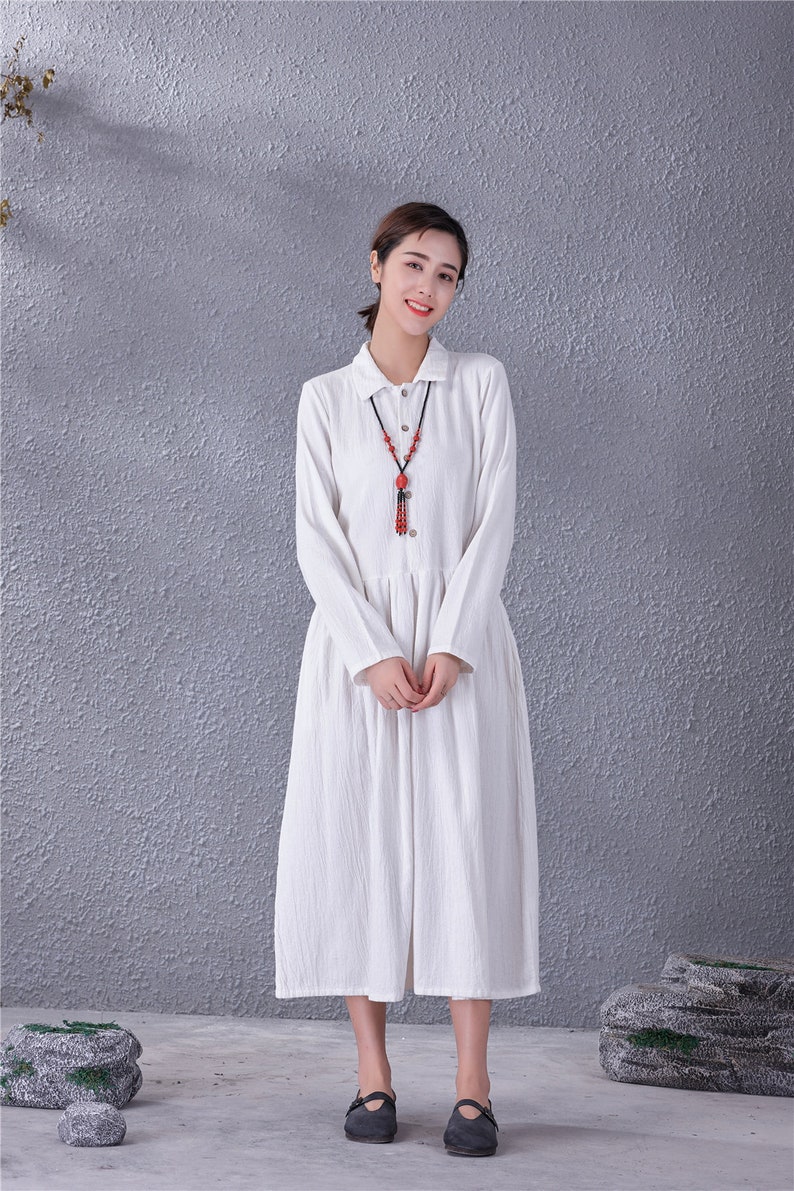 Clearance Women Long Soft Cotton Linen Dress with Pockets Long Sleeves Casual Loose Maxi Dresses for Spring Fall Plus Size Clothing Linen