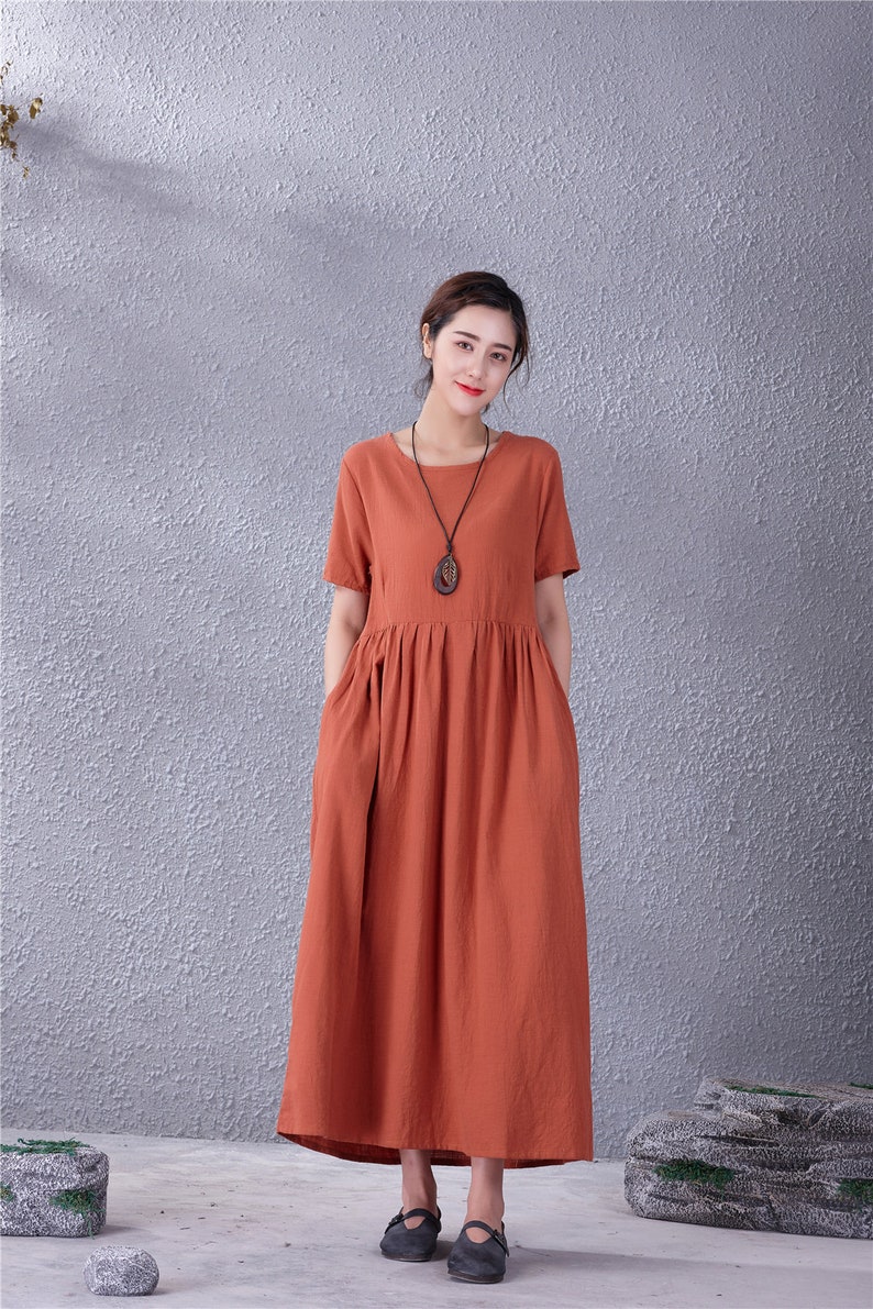 Short Sleeves Cotton Dress Casual Loose Fitting Tunics Summer Maxi