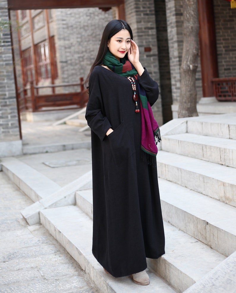 Long Soft Cotton Dress with Pockets Long Sleeves Casaul Loose Maxi Dresses for Spring Fall Customized Plus Size Clothing Linen