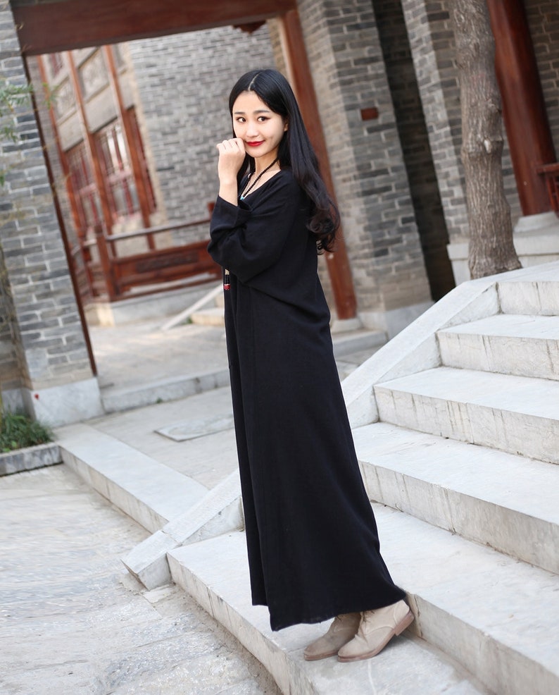 Long Soft Cotton Dress with Pockets Long Sleeves Casaul Loose Maxi Dresses for Spring Fall Customized Plus Size Clothing Linen