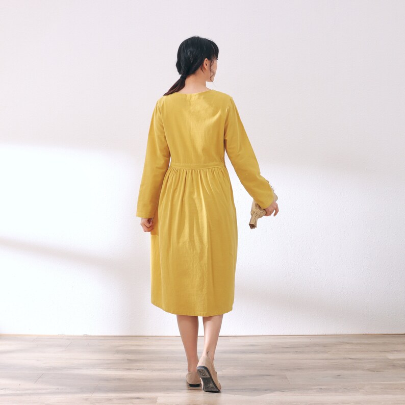 New Design Soft Cotton Dress with Pockets Long Sleeves Caftan Casual Loose Midi Dresses for Spring Fall Customized Plus Size Clothing Linen