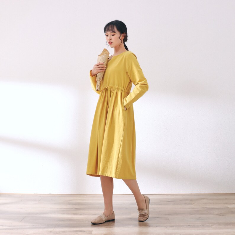 New Design Soft Cotton Dress with Pockets Long Sleeves Caftan Casual Loose Midi Dresses for Spring Fall Customized Plus Size Clothing Linen