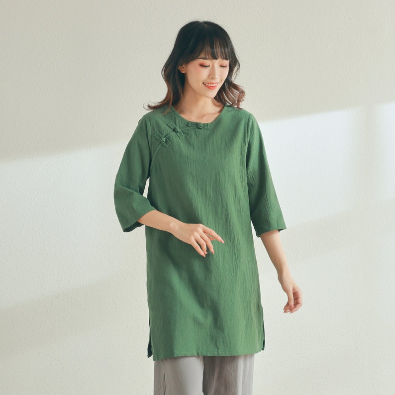 New Design Summer Cotton Tops Long Soft Blouse Half Sleeves Tunics Casual Loose Midi Dresses Customized Plus Size Clothing Linen