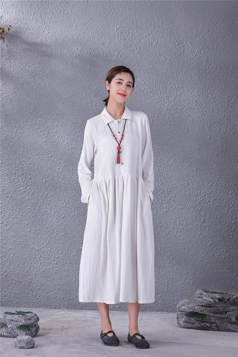 Clearance Women Long Soft Cotton Linen Dress with Pockets Long Sleeves Casual Loose Maxi Dresses for Spring Fall Plus Size Clothing Linen