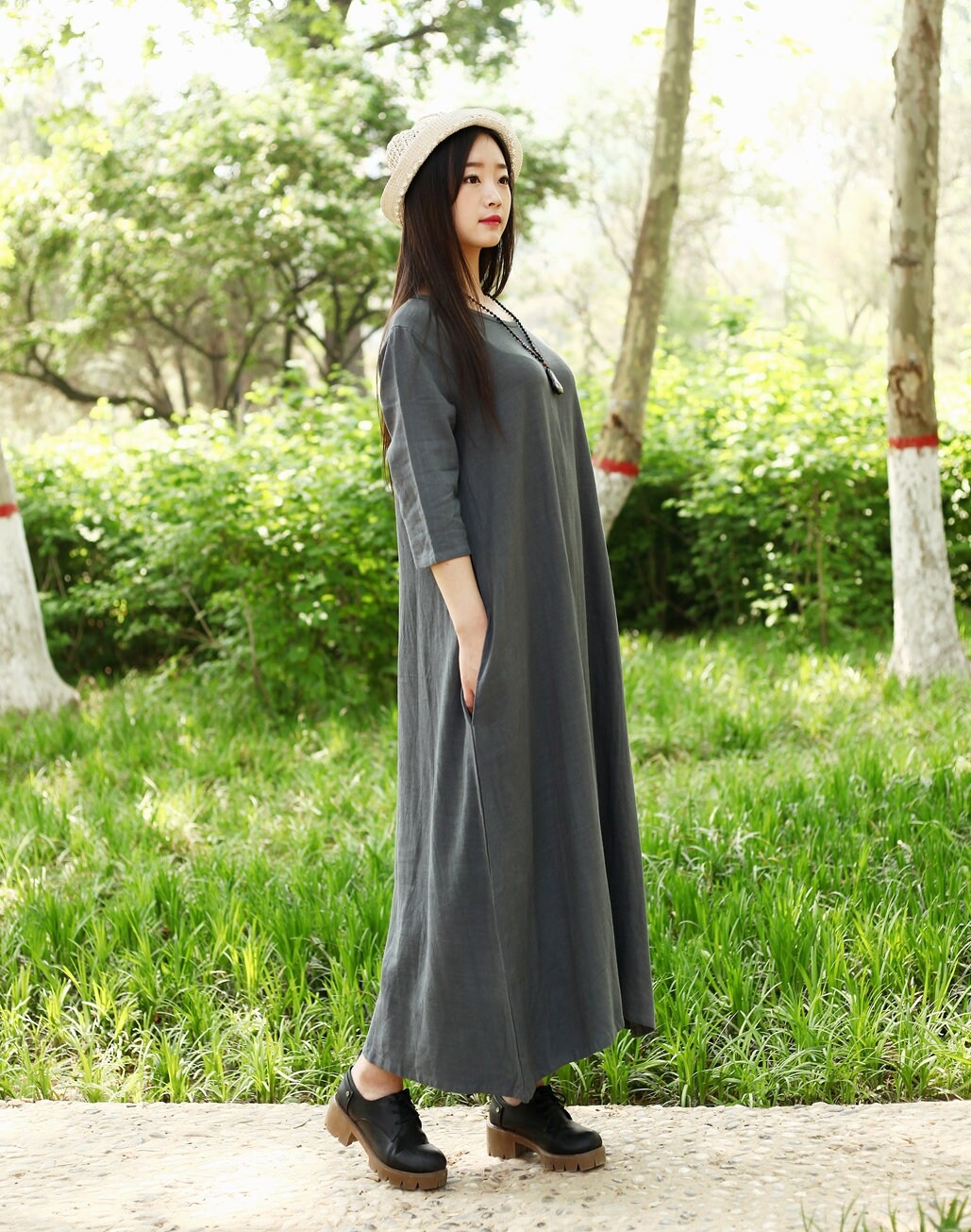 Cotton Dress with Pockets 3/4 Sleeves Soft Long Robes Casual Etsy