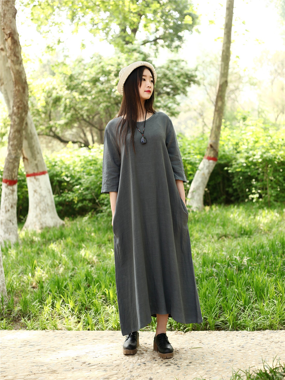 Cotton Dress with Pockets 3/4 Sleeves Soft Long Robes Casual Etsy