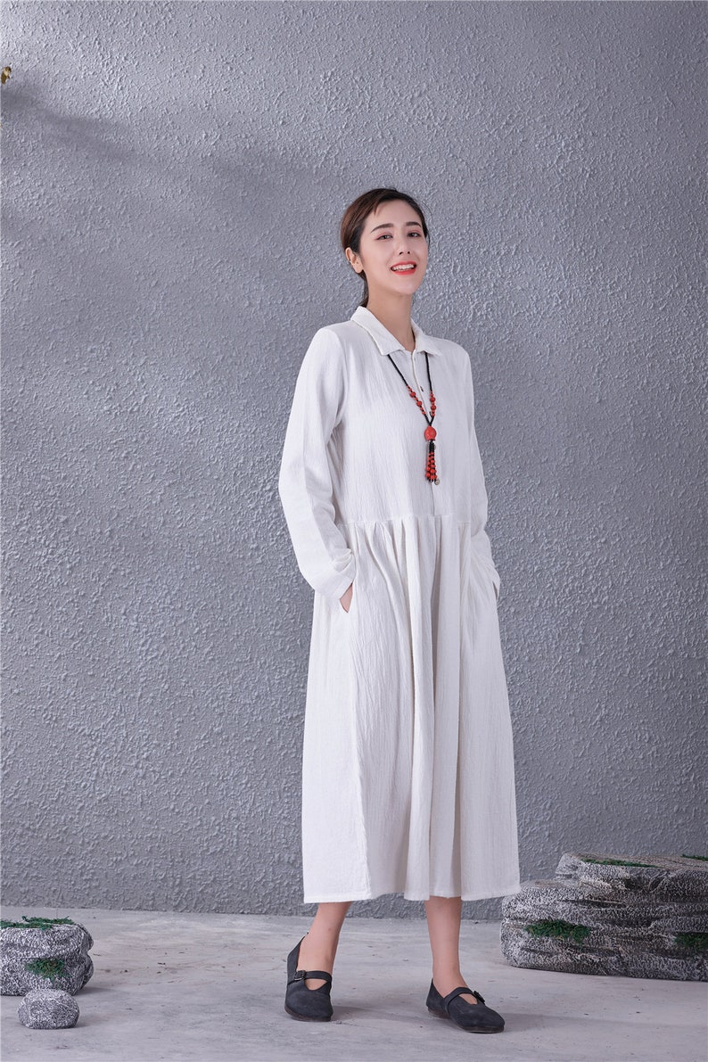 Clearance Women Long Soft Cotton Linen Dress with Pockets Long Sleeves Casual Loose Maxi Dresses for Spring Fall Plus Size Clothing Linen
