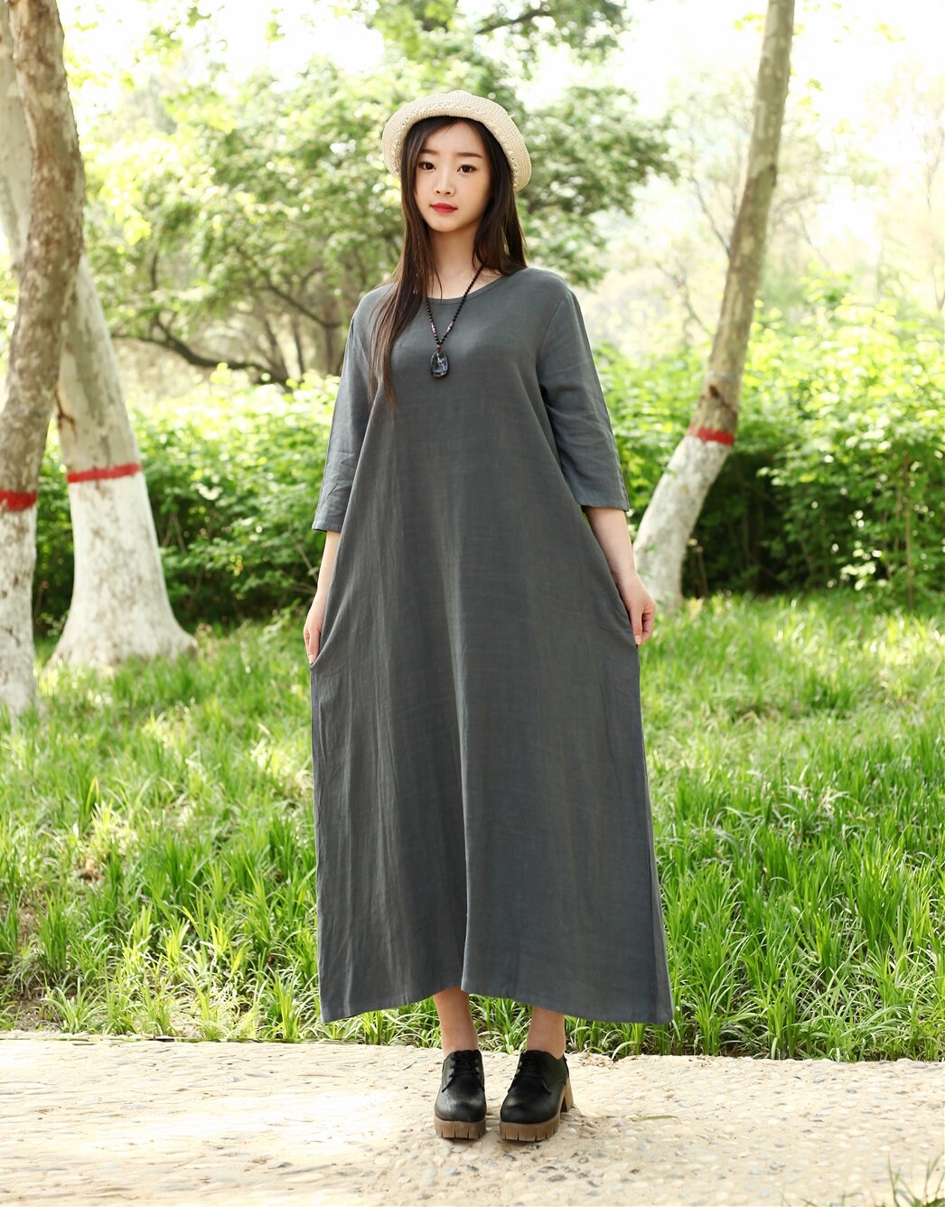 Cotton Dress with Pockets 3/4 Sleeves Soft Long Robes Casual Etsy