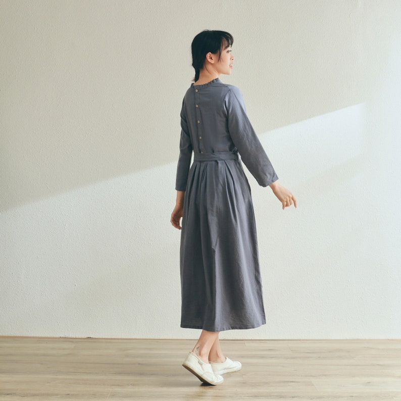 New Design Soft Cotton Dress V-neck Shirt Dress Pockets Long Sleeves Dress Casual Loose Midi Dresses Spring Fall Customized Plus Size Linen
