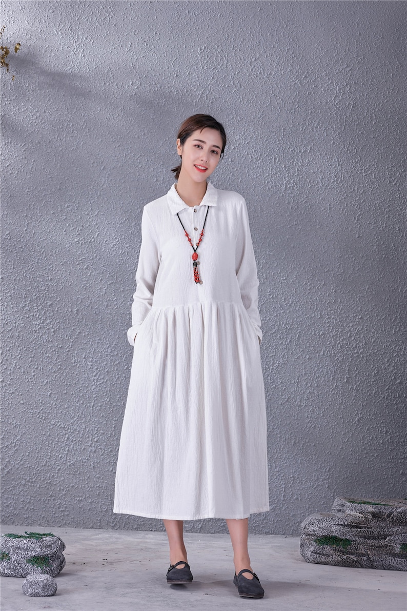 Clearance Women Long Soft Cotton Linen Dress with Pockets Long Sleeves Casual Loose Maxi Dresses for Spring Fall Plus Size Clothing Linen