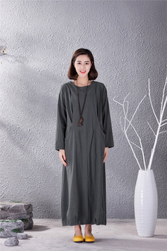 New Design Soft Cotton Dress with Pockets Long Sleeves Caftan Casual Loose Midi Dresses for Spring Fall Customized Plus Size Clothing Linen