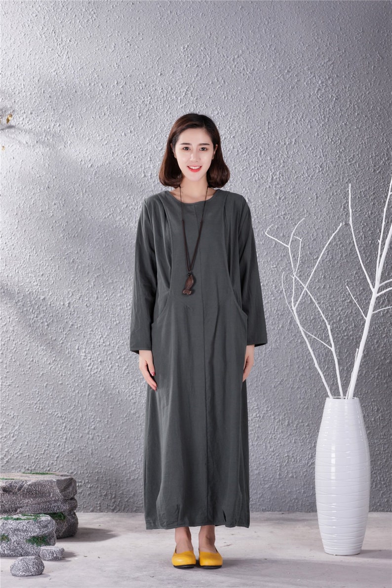New Design Long Sleeves Dress Cotton Dresses Long Soft Caftan Casual Loose Maxi Dress Spring Fall Customized Plus Size Clothing Linen