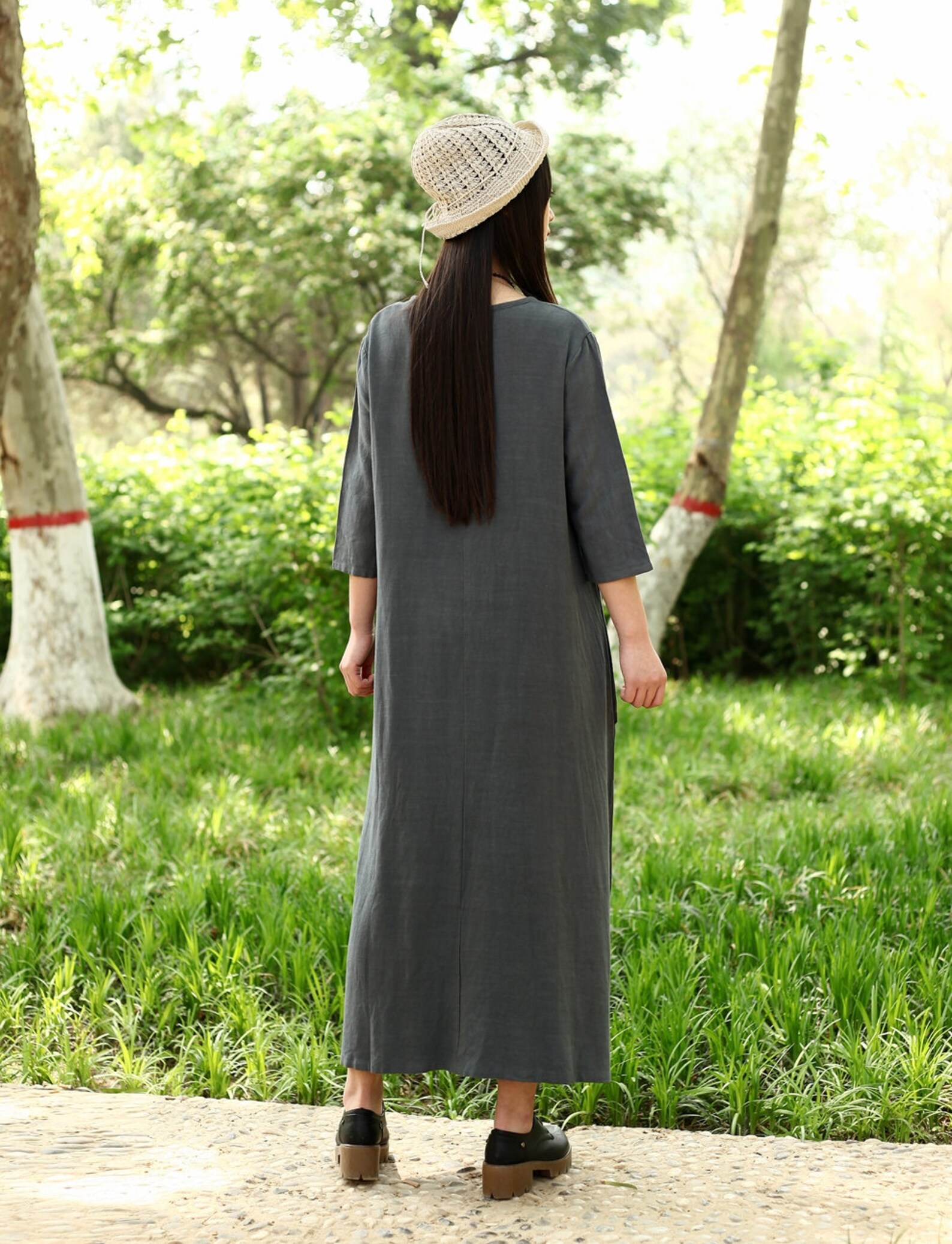 Cotton Dress with Pockets 3/4 Sleeves Soft Long Robes Casual Etsy