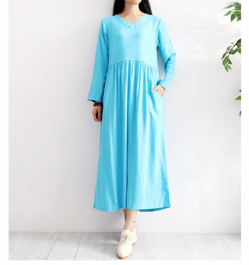 Vneck Soft Cotton Dress Long Sleeves Robes Casual Loose Etsy