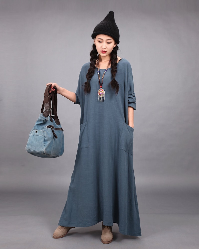 New Design Soft Cotton Maxi Dress with Pockets Long Sleeves Etsy