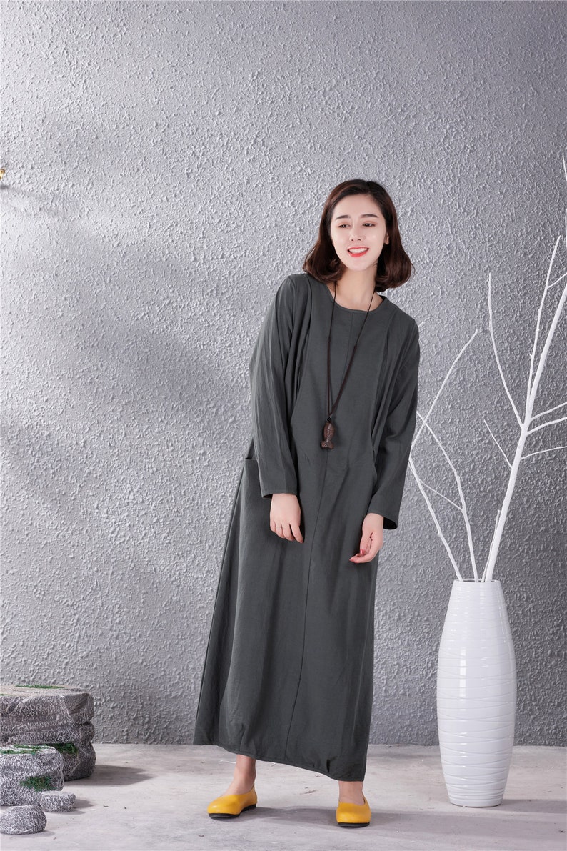 New Design Long Sleeves Dress Cotton Dresses Long Soft Caftan Casual Loose Maxi Dress Spring Fall Customized Plus Size Clothing Linen