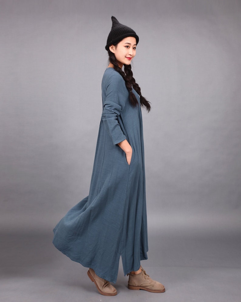 Long Soft Cotton Dress with Pockets Long Sleeves Casual Loose Etsy