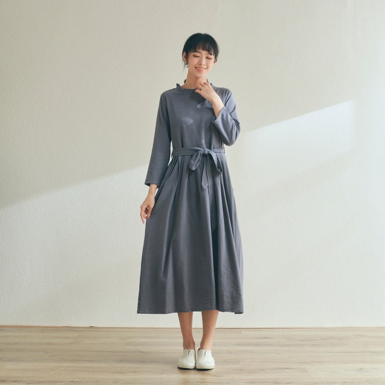 New Design Soft Cotton Dress V-neck Shirt Dress Pockets Long Sleeves Dress Casual Loose Midi Dresses Spring Fall Customized Plus Size Linen