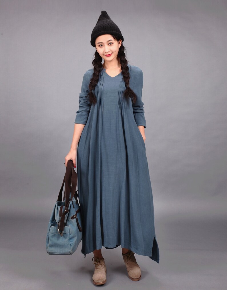 Long Soft Cotton Dress with Pockets Long Sleeves Casual Loose Etsy