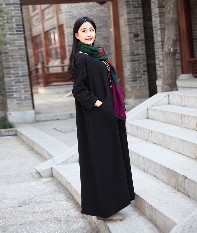 Long Soft Cotton Dress with Pockets Long Sleeves Casaul Loose Maxi Dresses for Spring Fall Customized Plus Size Clothing Linen