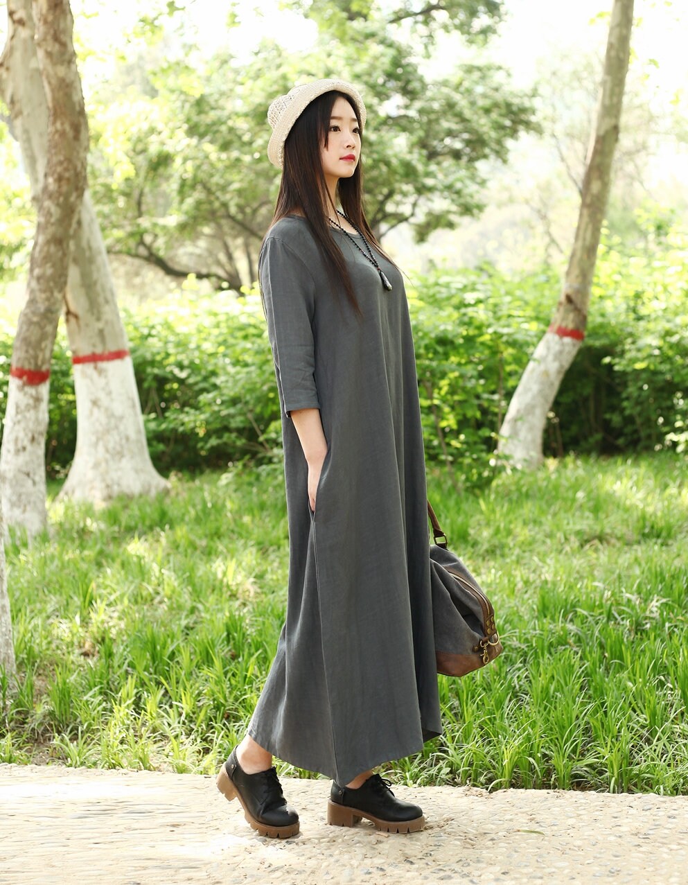 Cotton Dress with Pockets 3/4 Sleeves Soft Long Robes Casual Etsy