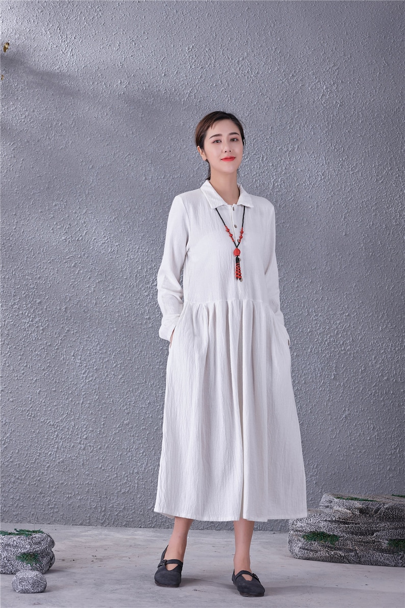 Clearance Women Long Soft Cotton Linen Dress with Pockets Long Sleeves Casual Loose Maxi Dresses for Spring Fall Plus Size Clothing Linen