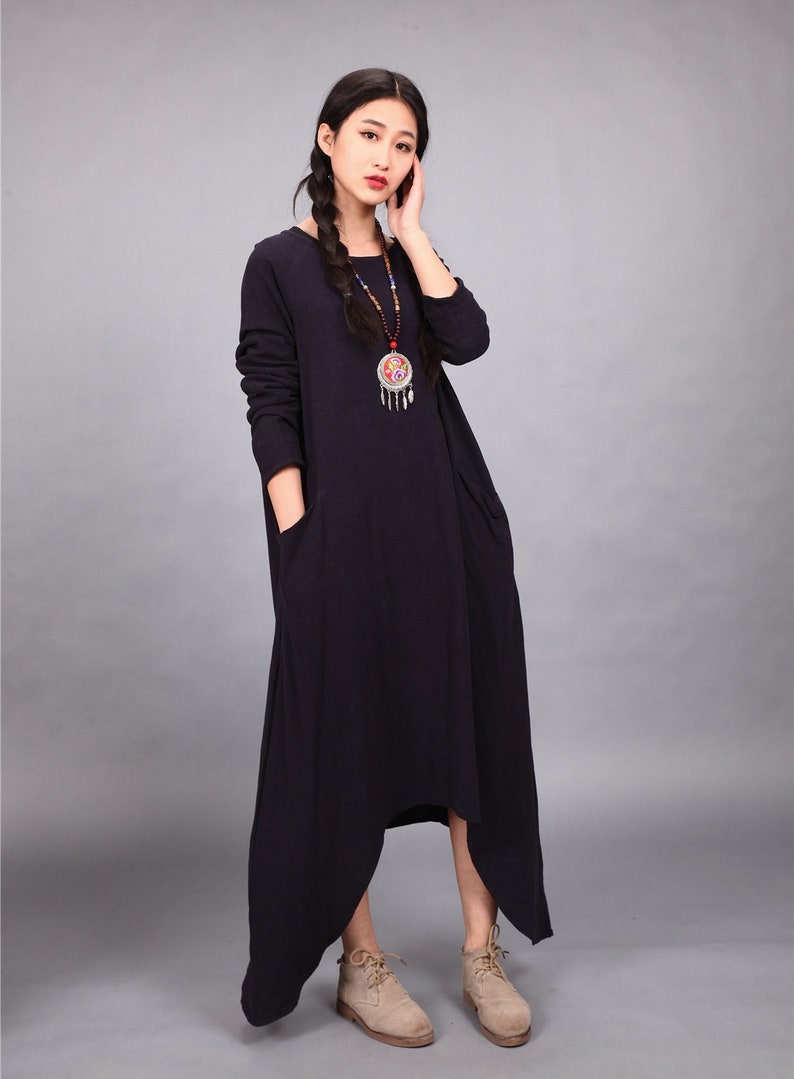 Long Soft Cotton Dress with Pockets Long Sleeves Casaul Loose Maxi Dresses for Spring Fall Customized Plus Size Clothing Linen