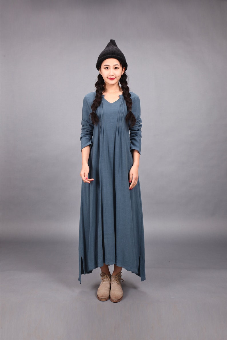 Long Soft Cotton Dress with Pockets Long Sleeves Casual Loose Etsy