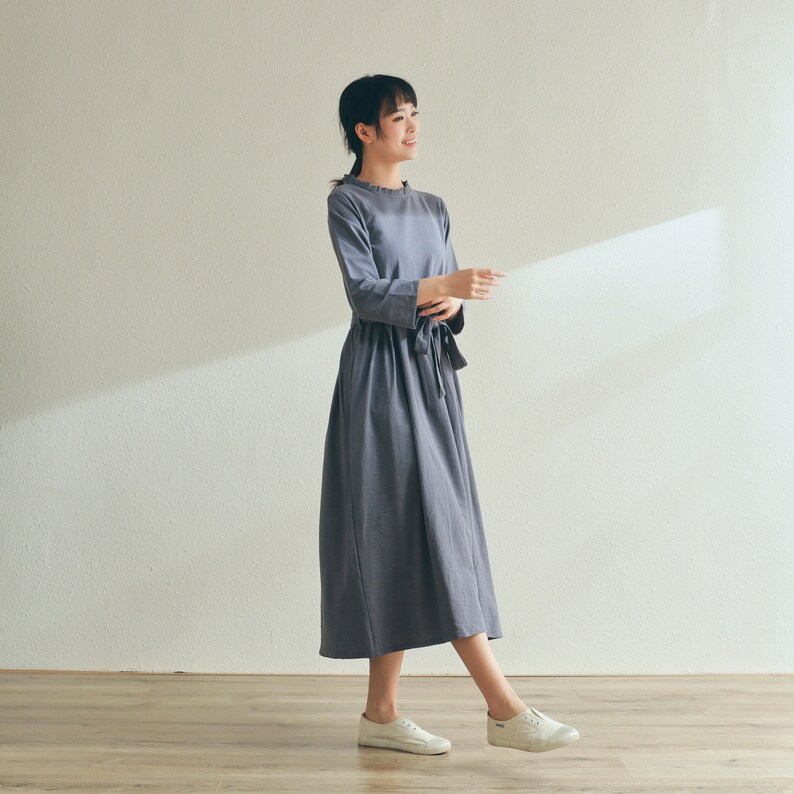 New Design Soft Cotton Dress V-neck Shirt Dress Pockets Long Sleeves Dress Casual Loose Midi Dresses Spring Fall Customized Plus Size Linen